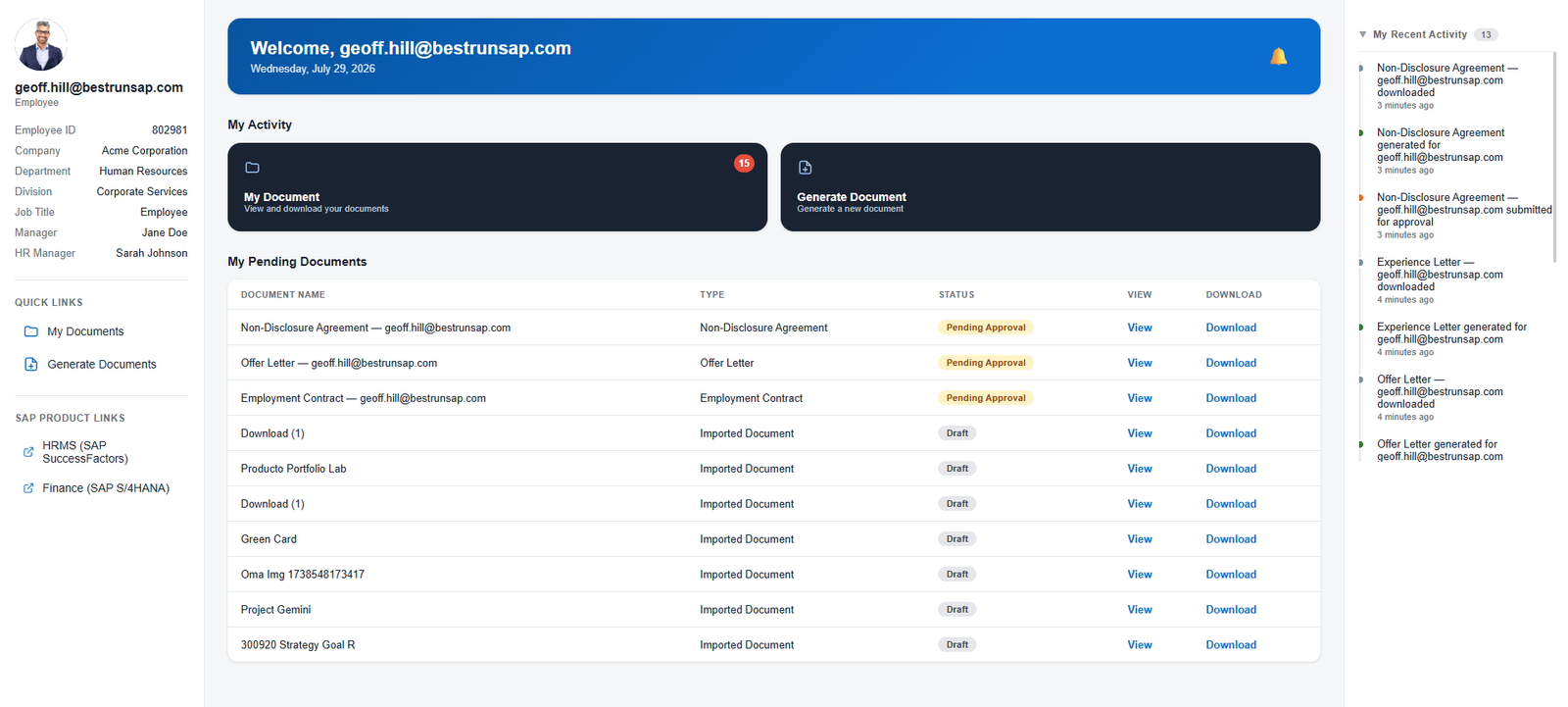 DocSphere employee self-service dashboard